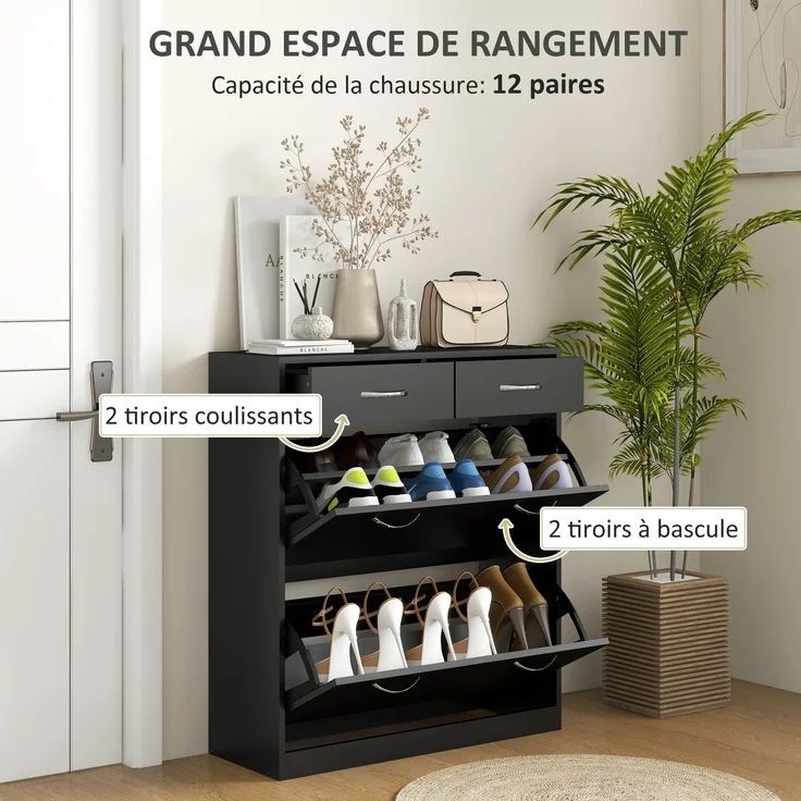 Schuhschrank mit 2 Schubladen und 2 Klapptüren, mit verstellbarem Einlegeboden, Aluminiumgriffe. 80 x 30 x 91,5 cm, Schwarz – Bild 6