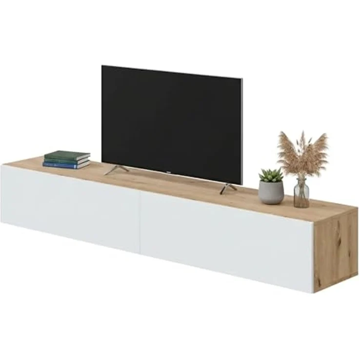 Dmora - TV-Ständer Vincennes, TV-Ständer mit 2 Türen, hängender Wohnzimmerschrank, 180x35h28 cm, Node-Eiche und glänzendes Weiß – Bild 3