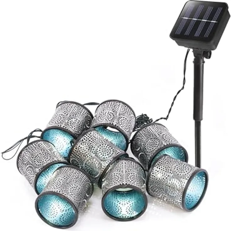 esotec LED Gartenleuchte Marokko 8 Laternen Solar 2m +2m Kabel 5000K silber/eisblau 102801, Dauerlicht, ON/OFF, LED fest integriert, 2500K warmweiß, 8 LED-Laternen Metall-Optik und Punkt-Ornament-Verzierungen