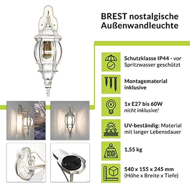 Licht-Erlebnisse Wandleuchte Aussen Vintage, Außenlampe Weiß Gold, H:54 cm, IP44, E27, für Terrasse und Balkon – Bild 2