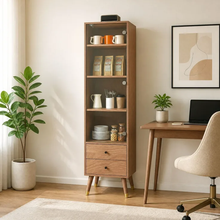 Vitrinenschrank aus MDF in Holzoptik mit Glastür, 3 höhenverstellbaren Einlegeböden und 2 Schubladen,H 160 x T 39.8 x B 35 cm