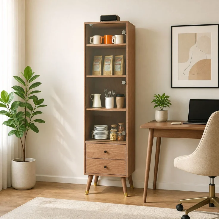 Vitrinenschrank aus MDF in Holzoptik mit Glastür, 3 höhenverstellbaren Einlegeböden und 2 Schubladen,H 160 x T 39.8 x B 35 cm – Bild 1
