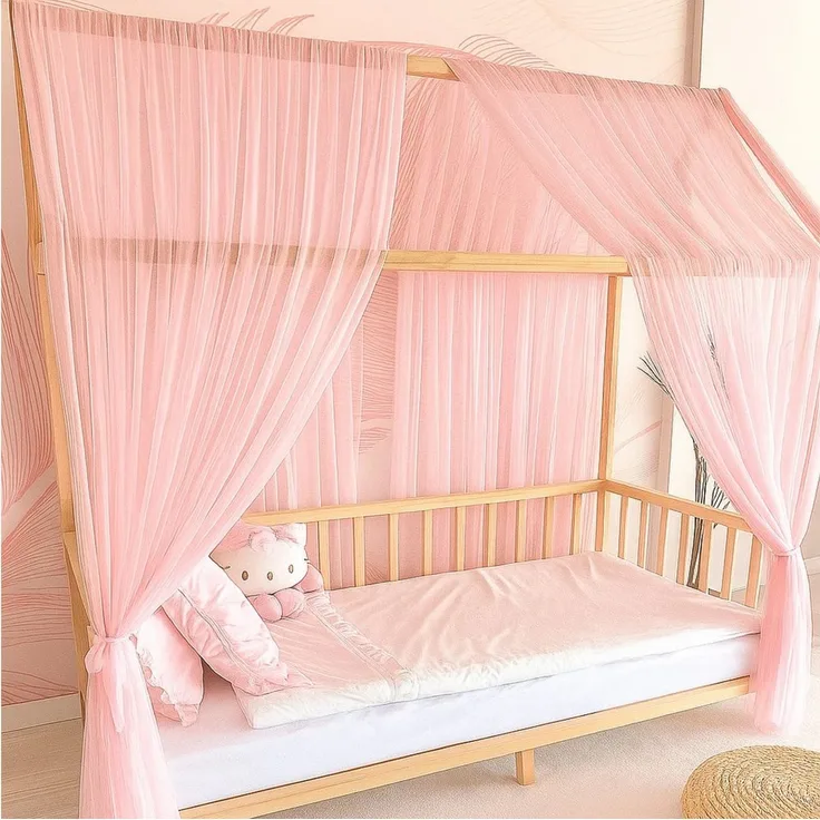 Baby Fancyroom Betthimmel Betthimmel Tüll Hausbett Kinderbett 2 Stück 340cm 380cm Montessori (3-tlg. Set mit 2x Betthimmel und einer 20er Pomponkette, Baldachin, Kinder Betthimmel Baldachin Himmel Deko Set), Betthimmel für Hausbett Montessori
