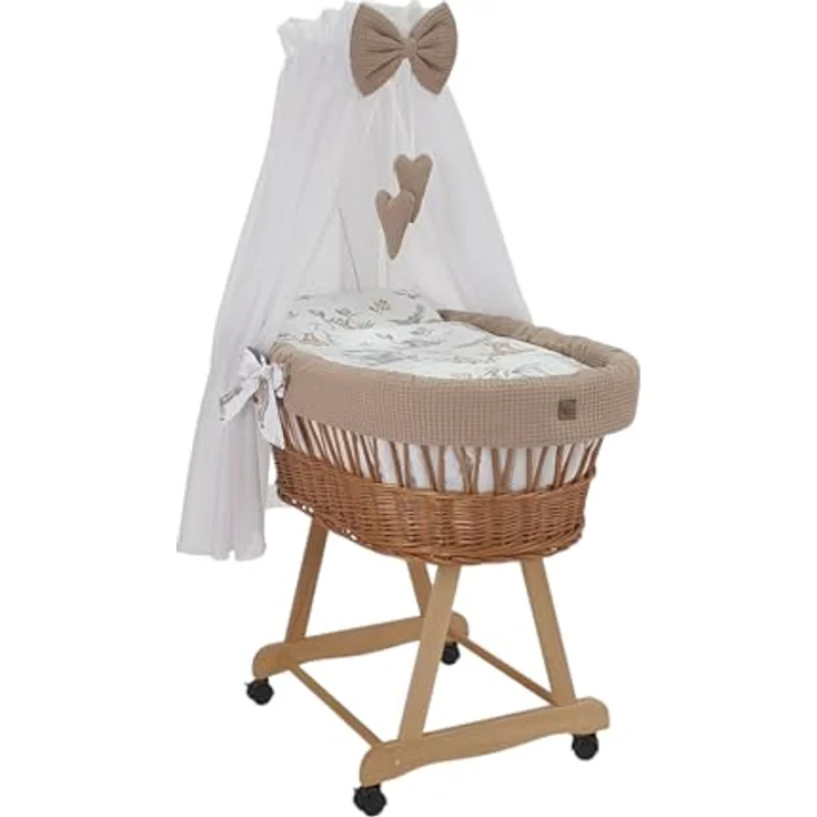Wiklinopol Stubenwagen aus Weide mit Baldachin und Gestell Lena – Moseskorb in Natur, Komplettset mit 5-TLG. Waffel-Bettwäsche Safari Beige – Mit Rollen, Tragbar, Sicher – Bild 1