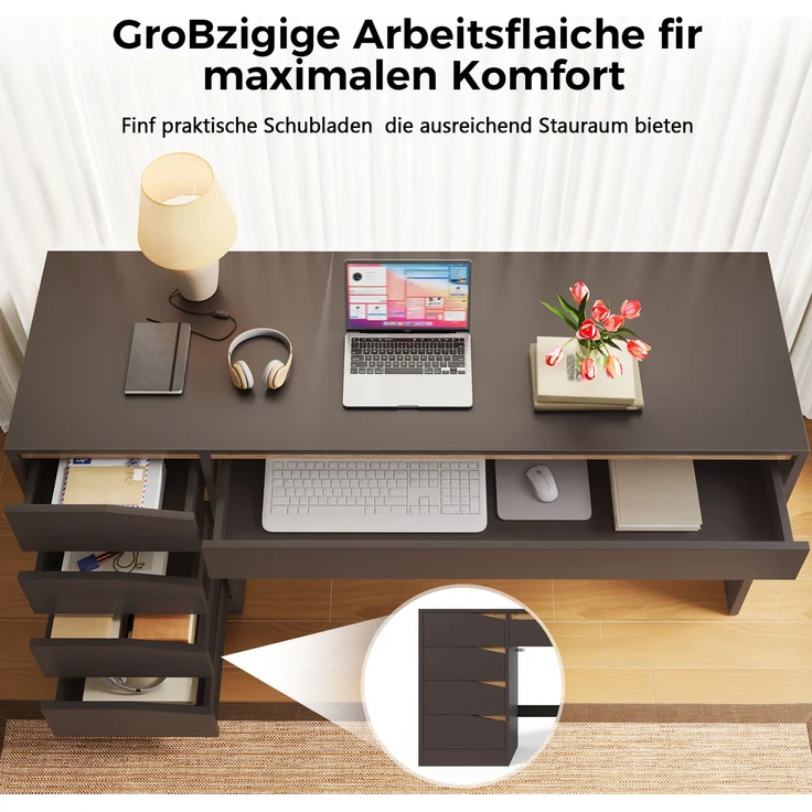 Schreibtisch mit 5 Schubladen, MDF, 140x50x78 cm, Grau mit Eiche-Optik – Bild 8