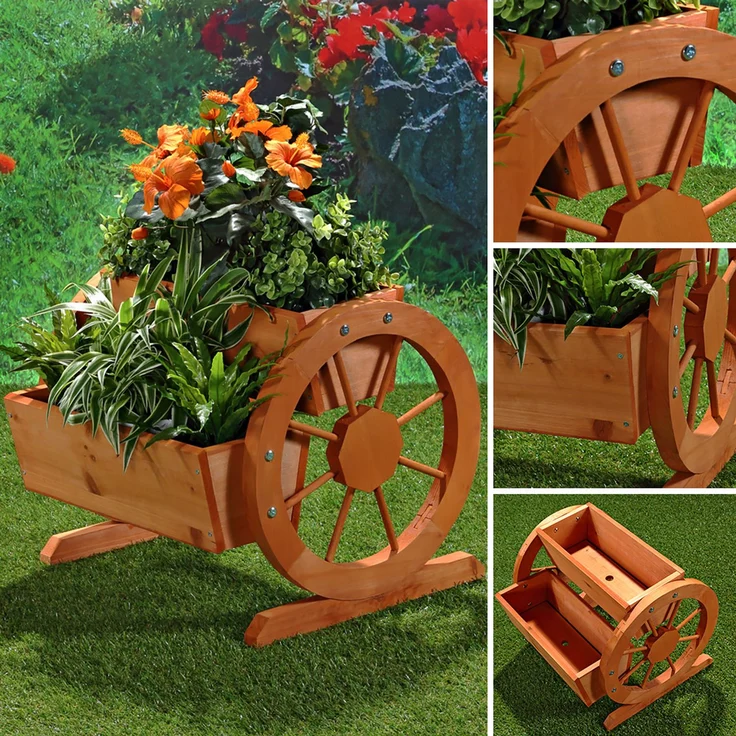 Pflanzkübel mit Wagenräder aus Holz Garten Dekoration Blumentrog Holzkasten – Bild 2