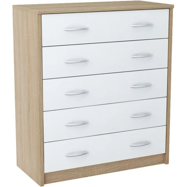 Home Collective Kommode mit 5 Schubladen mit matter Oberfläche, Kommode 74cm breit Holz (Schlafzimmer Wohnzimmer Flur Büro Organizer, Metallrollen mit Auszugsstopp), Schrank mit Schubladen Sideboard Highboard Anrichte Sonoma-Weiß