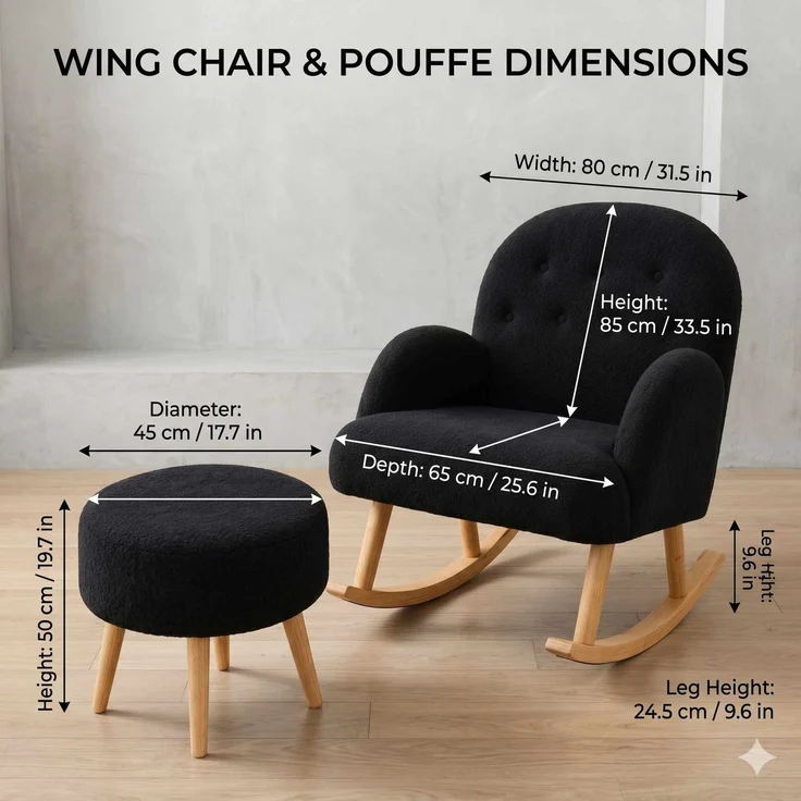 Hanah Home 'Dügmeli - Black' Ohrensessel- und Hocker-Set (2-teilig), Schwarz, 80 x 85 x 65 cm – Bild 4