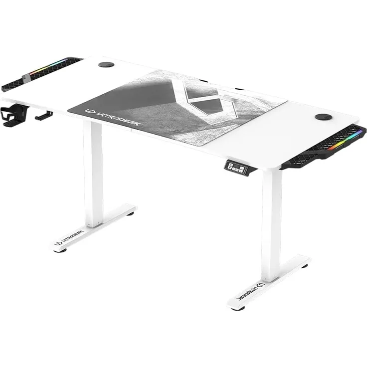 ULTRADESK Level RGB LED | Gaming-Schreibtisch mit elektrischer Höhenverstellung | Interner Speicher für 2 Einstellungen | Steckdosenleiste, XXL-Mauspad | Stahlgestell, Weißes Pad, 140x66 cm