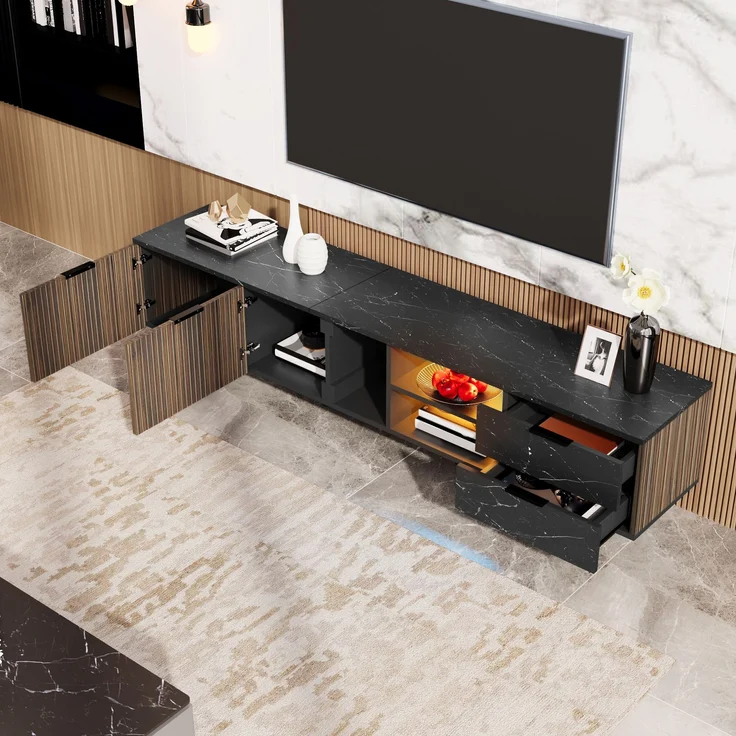 TV-Lowboard, MDF in Marmoroptik mit LED-Beleuchtung & Stauraum, 200x38x50 cm, Schwarz/Holzfarbe – Bild 4
