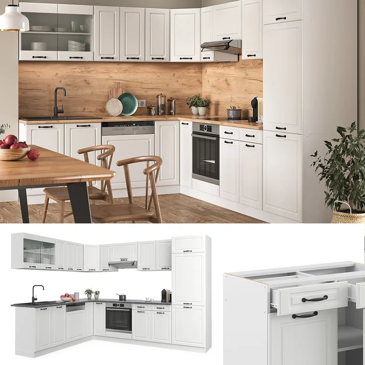 Eckküche R-Line Weiß Landhaus/Weiß 287 x 60 cm , AP Eiche Vicco – Bild 2