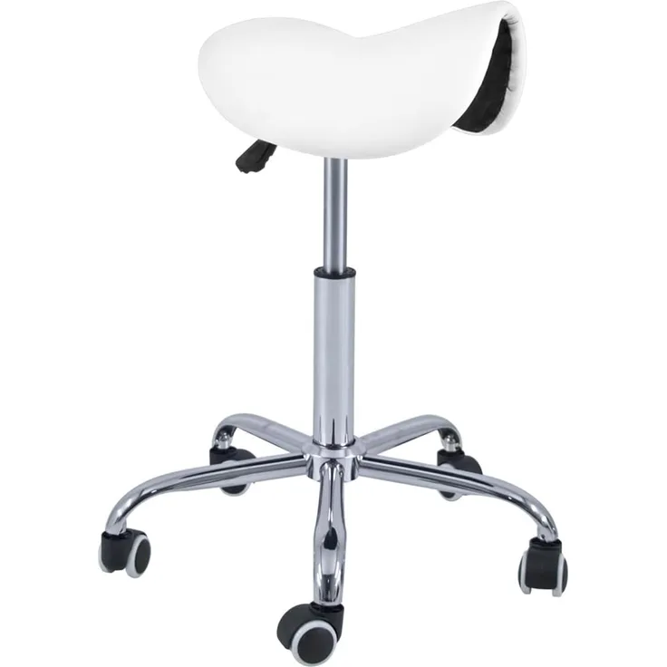 QUIRUMED Pony-Hocker mit 5 Rädern, Chromgestell, weiße Farbe, Kunstlederpolsterung, höhenverstellbar, leicht, ergonomisches Design, drehbar, bis zu 150 kg