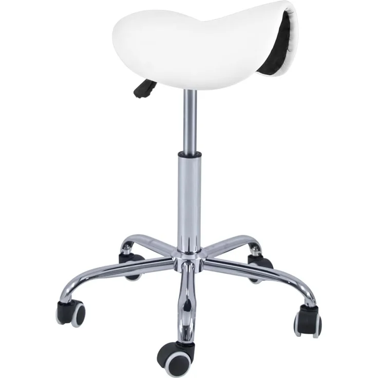QUIRUMED Pony-Hocker mit 5 Rädern, Chromgestell, weiße Farbe, Kunstlederpolsterung, höhenverstellbar, leicht, ergonomisches Design, drehbar, bis zu 150 kg – Bild 1