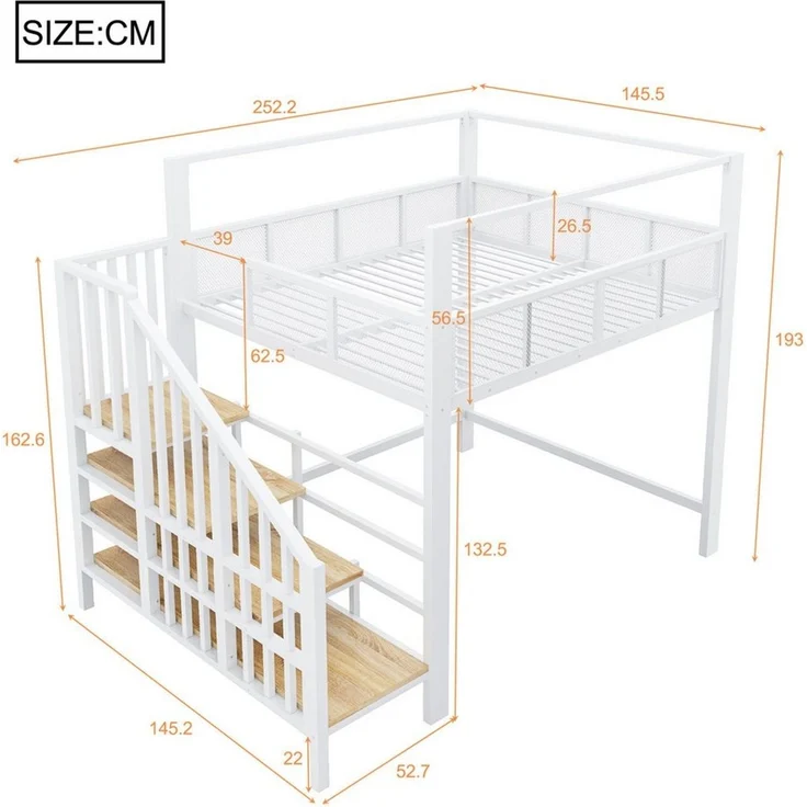 Celya Hochbett Metall Einzel-Hochbett mit Sicherheitsgitter im Netzdesign (ohne Matratze, mit Stauraumstufen fürs Schlafzimmer) – Bild 2