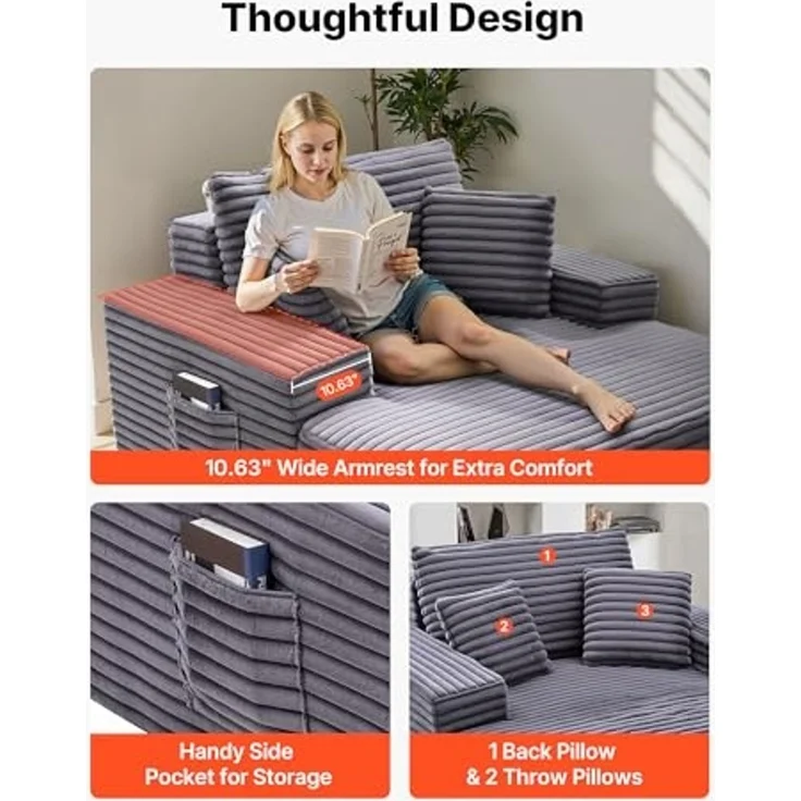 VEVOR Chaiselongue Relaxliege 124 cm, gepolstertes Schlafsofa mit Dekokissen & Armlehnen, Schlafcouch mit tiefer Sitzfläche für Wohnzimmer Schlafzimmer, Loungesessel aus hochelastischem Schwamm – Bild 7