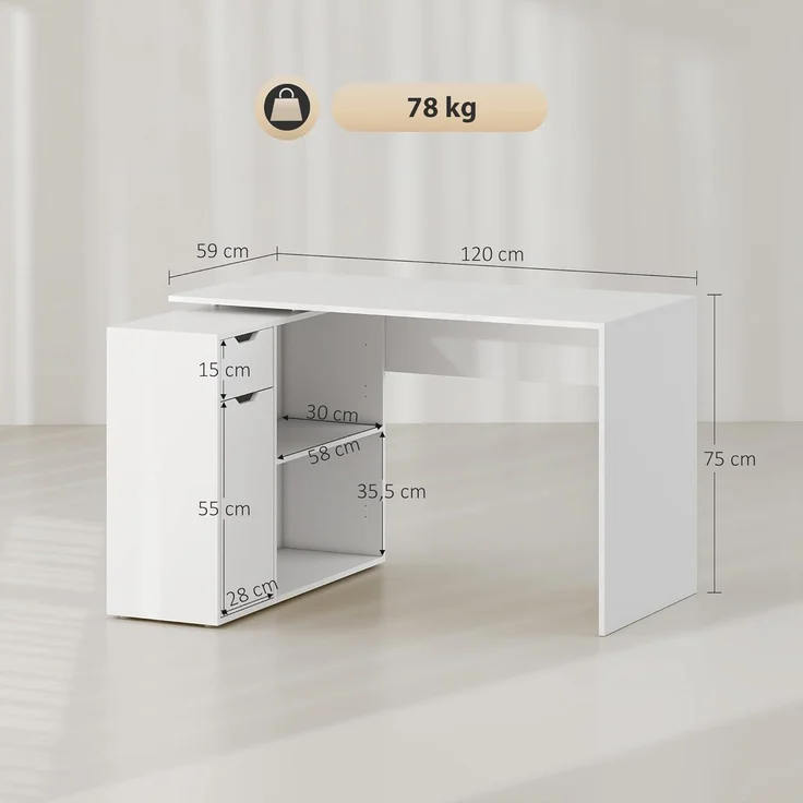 HOMCOM Eckschreibtisch mit Offenen Ablagen, Schublade, 1 Tür (Computertisch, 1-St, Winkelschreibtisch), für Dokumente im A4-Format, Arbeitszimmer, 120 x 96 x 75 cm, Weiß – Bild 3