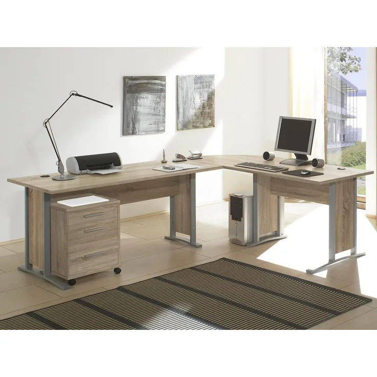 Eckschreibtisch >Clermont< in Sonoma-Eiche aus Metall - 220x72x70cm (BxHxT)