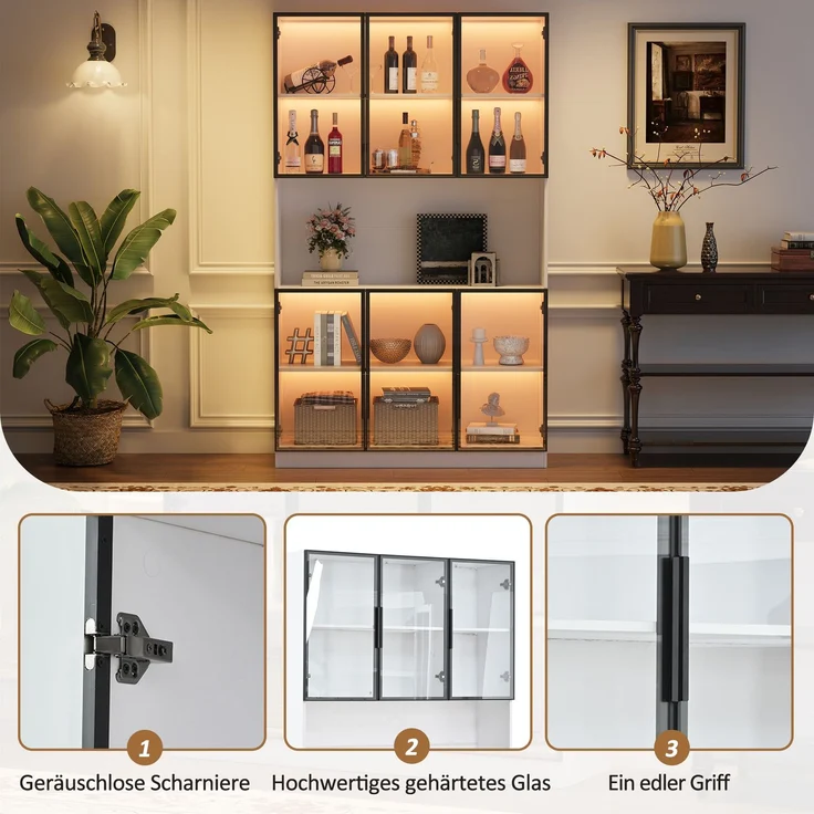 Vitrine 120 x 34 x 200 cm aus MDF mit 6 Glastüren, LED-Beleuchtung in Weiß – Bild 8