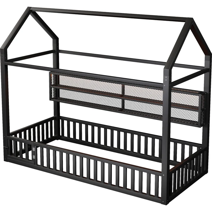 Hausbett mit LED-Beleuchtung, Tür und Regal, 90x200cm, Kinderbett ohne Lattenrost, Einzelbett, Metallbett – Bild 6