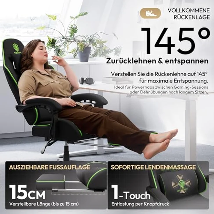 Dowinx Gaming Stuhl Tasche Frühling Kissen, Atmungsaktiver Bürostuhl aus Hochwertigem Stoff, Ergonomischer PC-Stuhl mit Kopfstütze, Drehbarer Schreibtischstuhl mit Fußstütze (Schwarz und Grün) – Bild 8