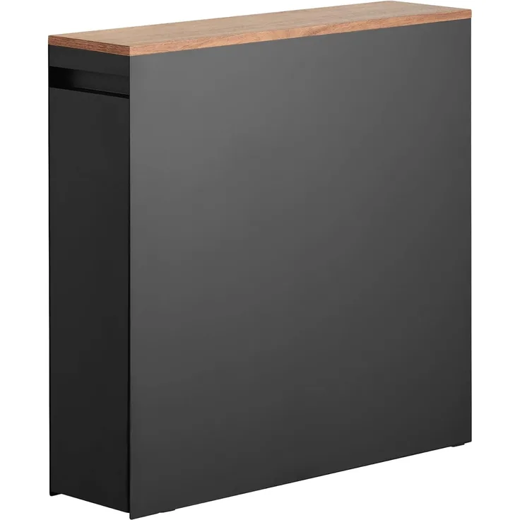 Yamazaki 1427 Tower Auszieh-Regal mit Holzablage, schwarz, Stahl/Holz/Polypropylen/Silikon, minimalistisch, 56 x 14 x 55 cm