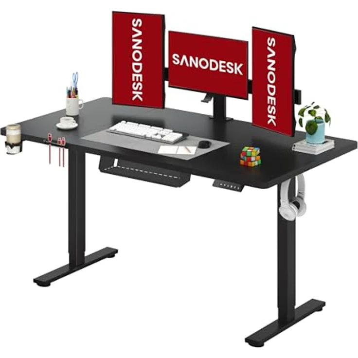 SANODESK Höhenverstellbarer Schreibtisch 160x60 cm mit Memory-Funktion, Elektrischer Steh-Sitz Tisch für Heimbüro, Ergonomischer Computertisch mit Modernem Design und Vierteiliger Tischplatte – Bild 2