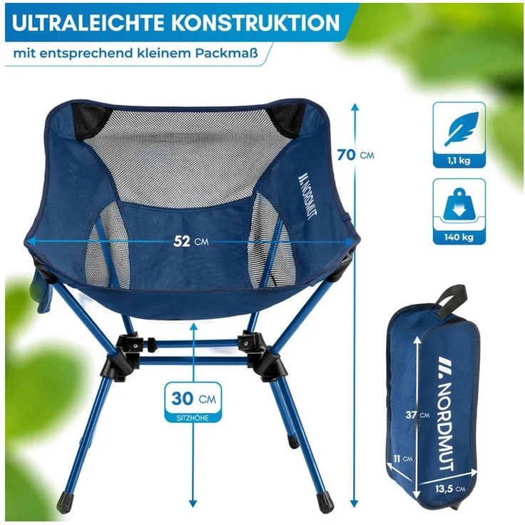 Nordmut Campingstuhl faltbar ultraleicht, klappbar leicht, Camping Outdoor, Angeln (Spar-Set, 1 St), kleines Packmaß, 140 kg belastbar, Aluminium, bequem, Trekking, Strand – Bild 2