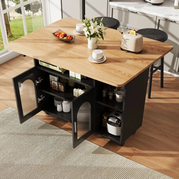 Merax Kücheninsel,Modernes Küchensiland, Küchenschrank, Abnehmbare Servierwagen buffetschrank, Speisewagen mit Holzmaserung, buffetschrank, Multifunktionale Esstisch mit Speicherraum, Schwarz – Bild 2