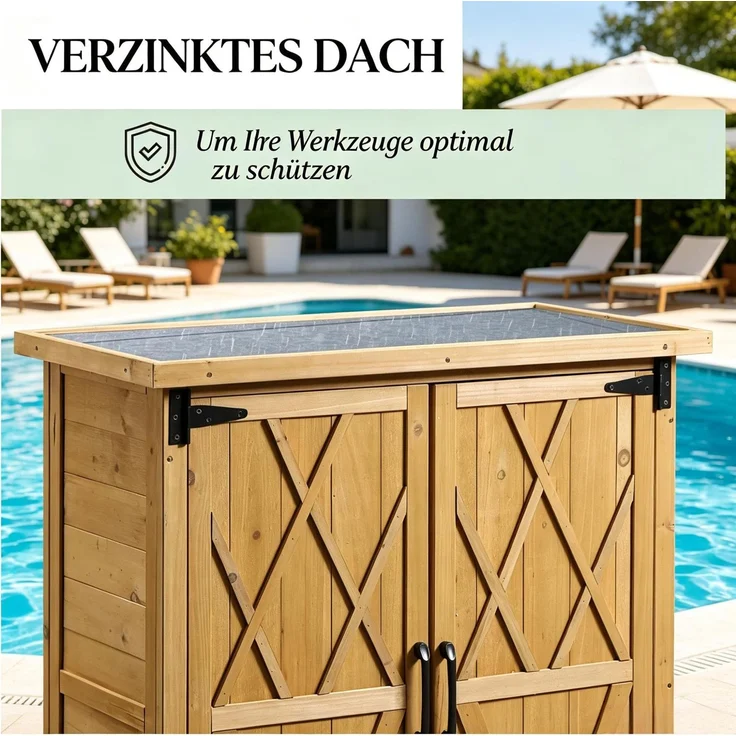 Gartenschrank 75 x 40 x 90 cm aus Tannenholz mit drei Regalböden und verzinktem Blechdach – Bild 6