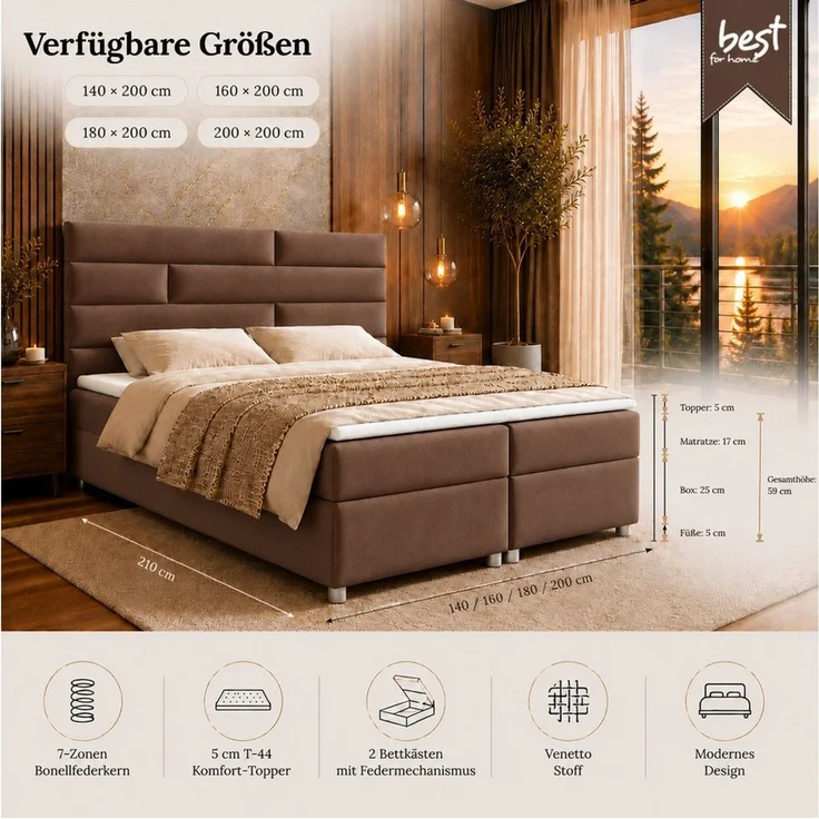 Best for Home Boxspringbett mit Stauraum Doppelbett Trinity K-5 Topper 7-Zonen Komfort – modern (Komplett-Set, 1-St, 140x200 160x200 180x200 200x200 cm), Handwerksqualität, TOP Preis-Leistungs-Verhältnis – Bild 4