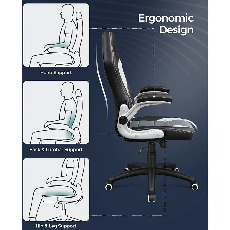Songmics Gamingstuhl, Racing Chair, Schreibtischstuhl mit hoher Rückenlehne, Bürostuhl, höhenverstellbar, hochklappbare Armlehnen, Wippfunktion, für Gamer, schwarz-grau-weiß OBG28G – Bild 8