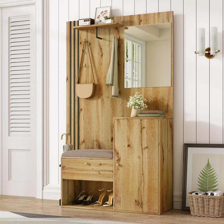 Flurgarderobe 115 x 37 x 185 cm mit Sitzbank,Spiegel, Kleiderstange,verstellbaren Regalen,Soft-Close