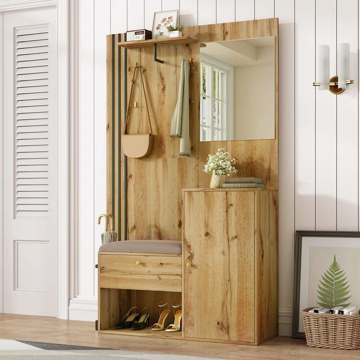Flurgarderobe 115 x 37 x 185 cm mit Sitzbank,Spiegel, Kleiderstange,verstellbaren Regalen,Soft-Close – Bild 1