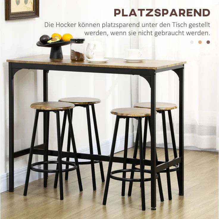 Bartisch-Set 110x50x89,5 cm mit 4 Barhockern – MDF in Holzoptik und schwarzes Metall – Bild 7