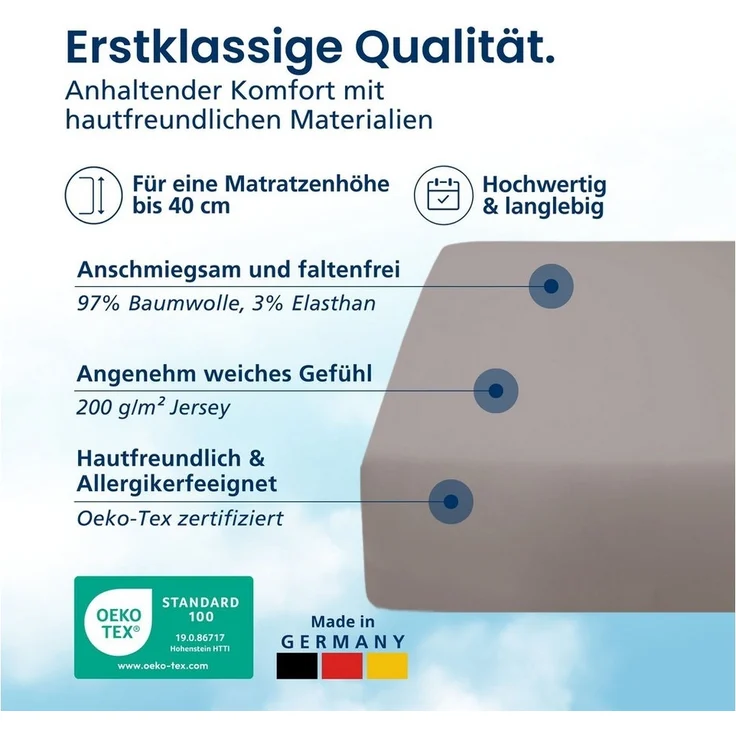 AM Qualitätsmatratzen Spannbettlaken Baumwolle in taupe, Bettlaken für Boxspringbetten, Made in Germany, Baumwolle, Gummizug: rundum, (1 Stück), 90x200x40 – Bild 2