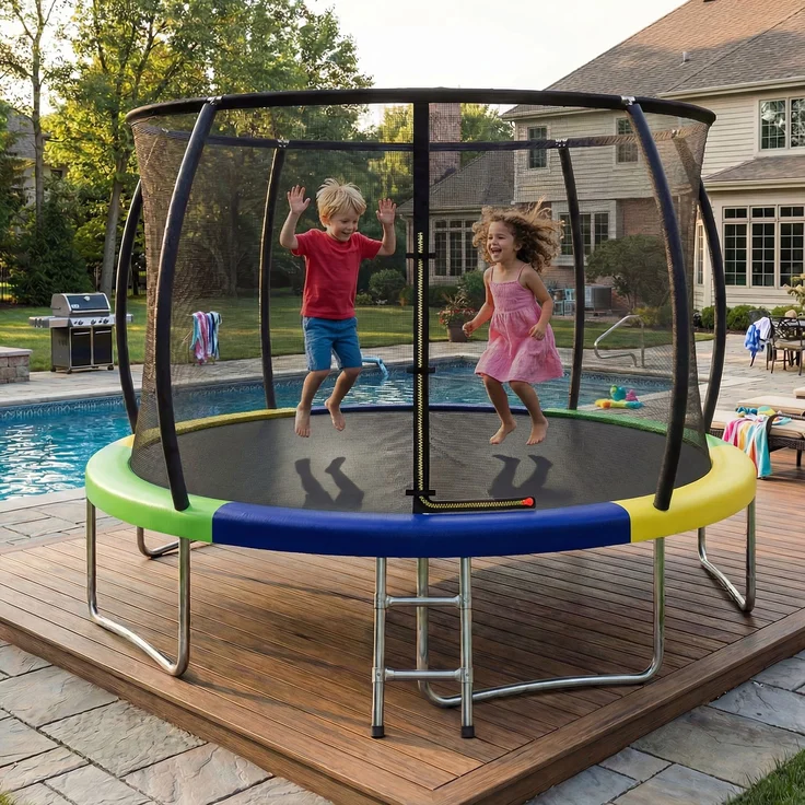 Devoko Gartentrampolin mit Sicherheitsnetz, Leiter, Randabdeckung, Stahlrahmen, Grün, Ø 360 cm – Bild 1