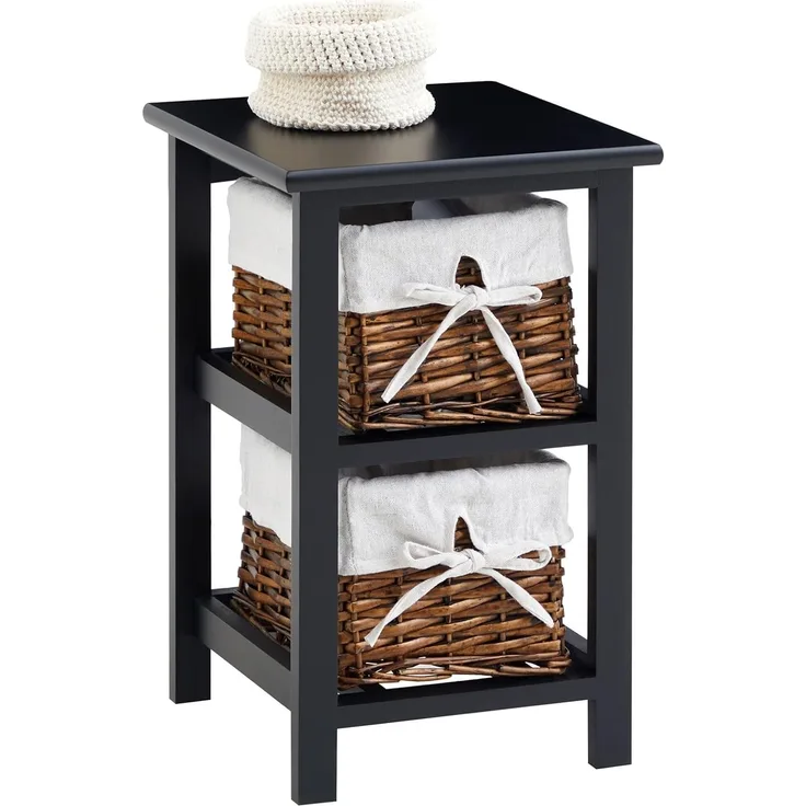 IDIMEX Nachtkommode NOKOMIS, Nachttisch mit 2 Weidekörben und Stoffeinsatz Landhausstil Schwarz