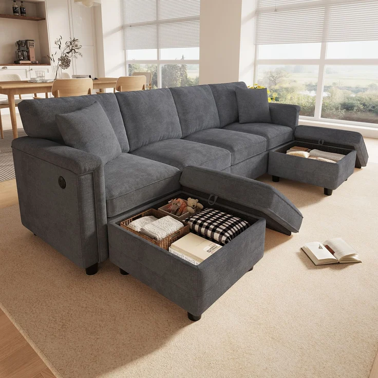 6-Sitzer Wohnlandschaft B 261 x T 134 x H 82 cm aus Chenille mit Stauraum und USB – Bild 4