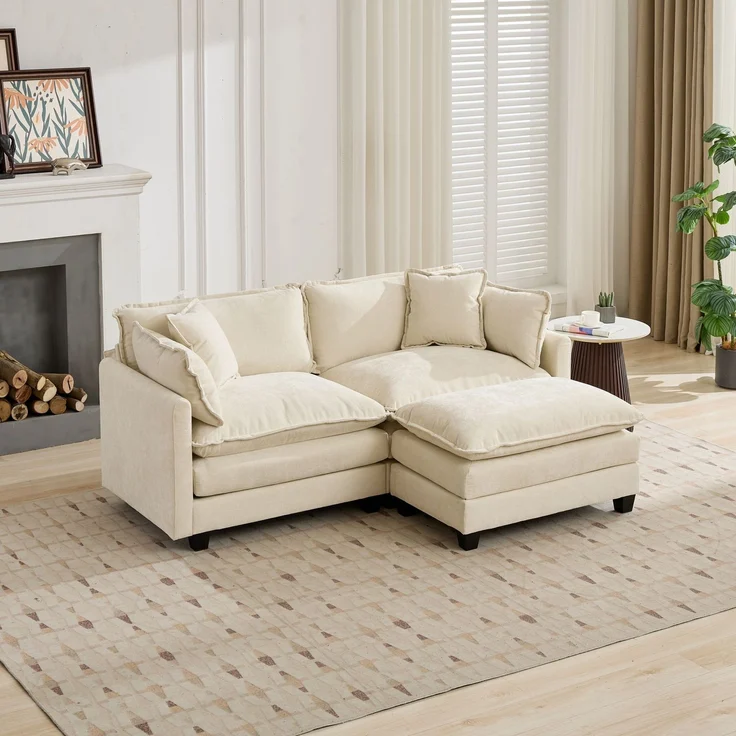 ZUBALIYA Sofa mit LED - Beleuchtung, mit Chenille - Bezug, mit Cordbezug, modular aufgebaut, aus Chenille, Beige – Bild 7