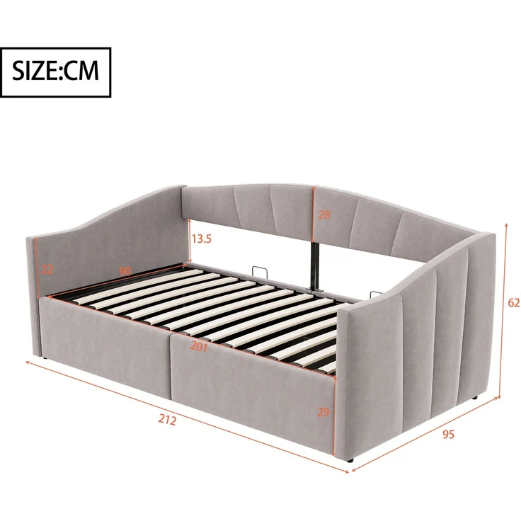Polsterbett Sofabett 90*200 cm, Mit hydraulischer Lagerung, Mit Lattenrost und Armlehnen, Klassisch Gestreift, Multifunktionales Einzelbett, Hautfreundlicher Samtstoff, Hellgrau – Bild 8