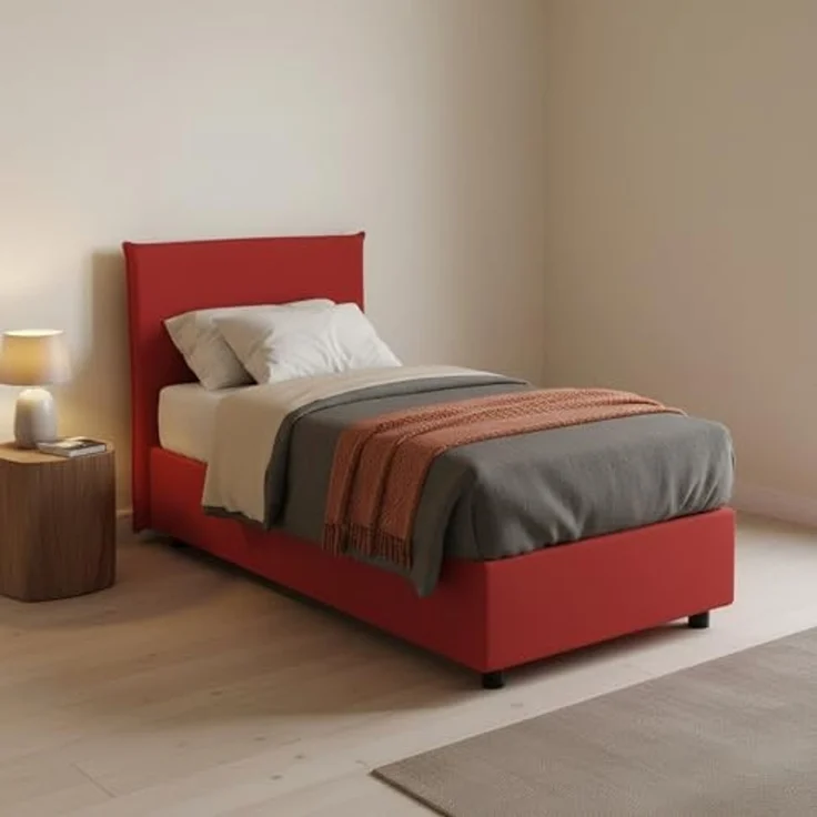 Talamo Italia - Einzelbett Cira, Bettkasten mit Stoffbezug, 100 % Made in Italy, Öffnung vorne, geeignet für Matratzen 90x200 cm, Rot – Bild 1