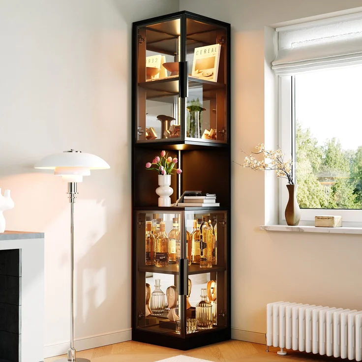 Vitrine B 42 x T 44 x H 205 cm aus Spanplatte mit Glasfront, Spiegelrückwand und LED – Bild 1