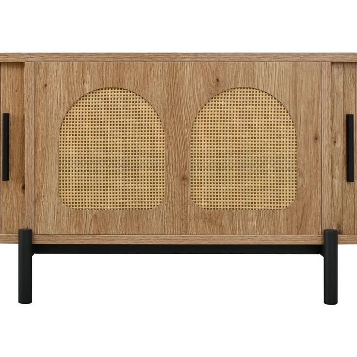 Couchtisch oval B 100 x T 50 x H 40 cm, MDF in Naturfarbe mit Rattan-Türen und Metallbeinen – Bild 10