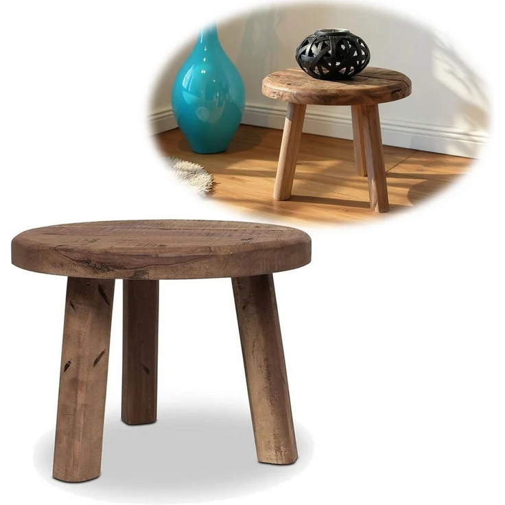 LS-LebenStil Fußhocker Vintage Holz Fußhocker Braun 30cm Rund Recycelt Tritthocker Schemel (Fußbank Beistellhocker Holzhocker Nachttisch Tischchen, 1 St, Roadwood Recycelt Altholz, Blumenständer Blumenhocker Pflanzenhocker), Beistellhocker Kleiner Hock... – Bild 1
