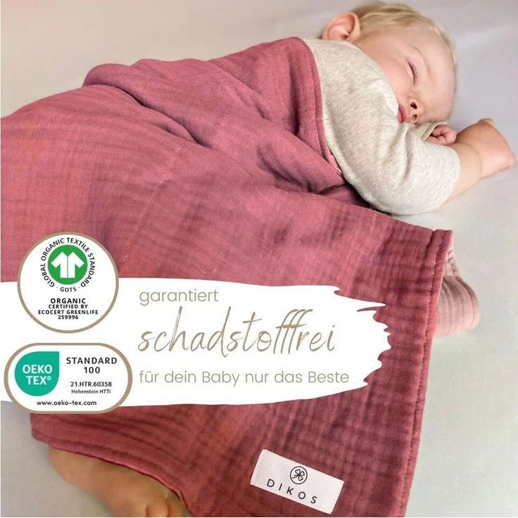 Babydecke Musselin Babydecke 6-lagig gekreppt, 100% GOTs Bio-Baumwolle, DIKOS, PREMIUM Qualität, 70x100 cm, atmungsaktiv, nachhaltig, kuschelweich – Bild 2