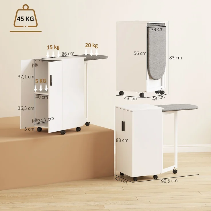 2-in-1 faltbarer Bügelbrettschrank auf Rollen mit Bügelbrett und verstellbarem Regal für kleine Räume, Weiß--Weiß--83x43x99.5cm--YOUDENOVA – Bild 5