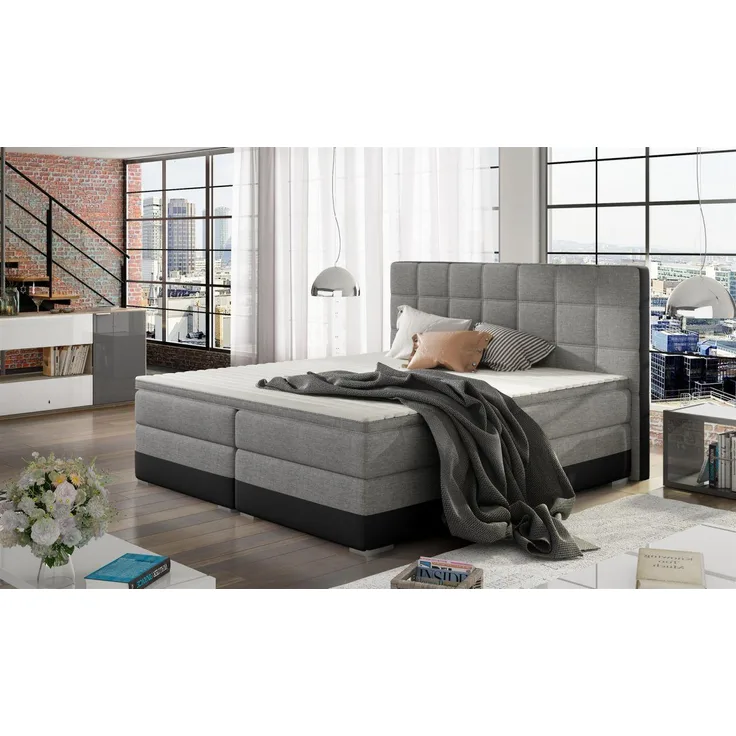 Boxspringbett PRATO Webstoff Hellgrau/ Kunstleder Schwarz 100x200 cm