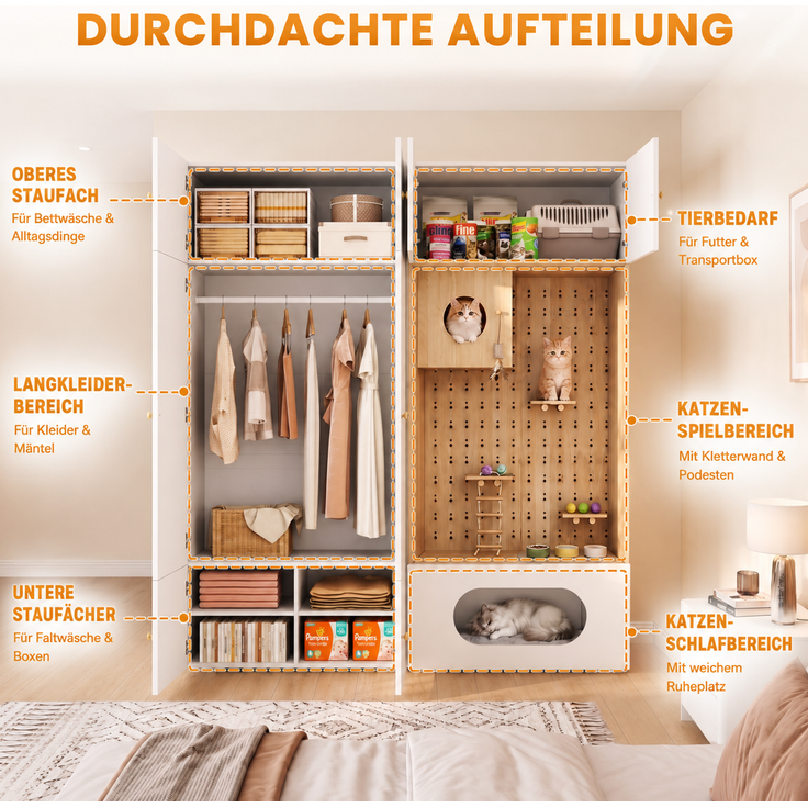 CHICFURN Kleiderschrank 180x200x50 cm mit Kleiderstange und Katzenkletterwand – Weiß/Holzoptik – Bild 4