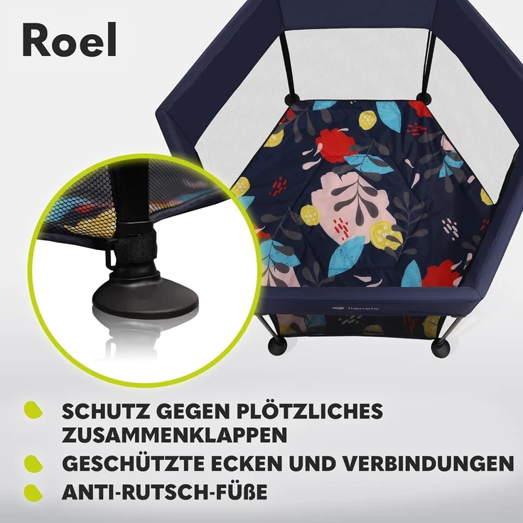 LIONELO Roel Laufstall Baby bis zu 15 kg, Großformat 135x85 cm, sechseckige Form, LockGuard Faltschloss, verstärkte Basis, rutschfeste Fußkappen, Schutztasche – Bild 4