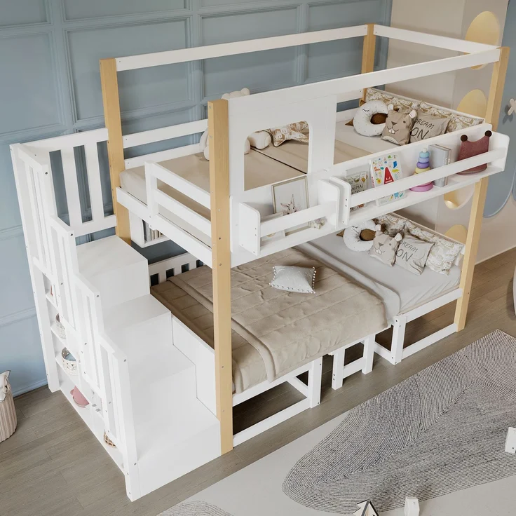 Merax Etagenbett, 90x200cm Kinderbett, Multifunktionaler höhenverstellbarer Tisch, mit einem kleinen Bücherregal am Bettrand, Stabile Aufbewahrungstreppe, Weiß+Natur – Bild 5